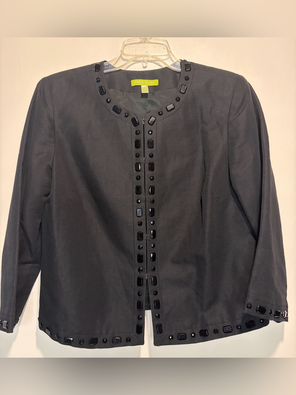 Sigrid Olsen Linen Cotton Black Jewels Clasp Closure Crop Blazer Jacket Size 12